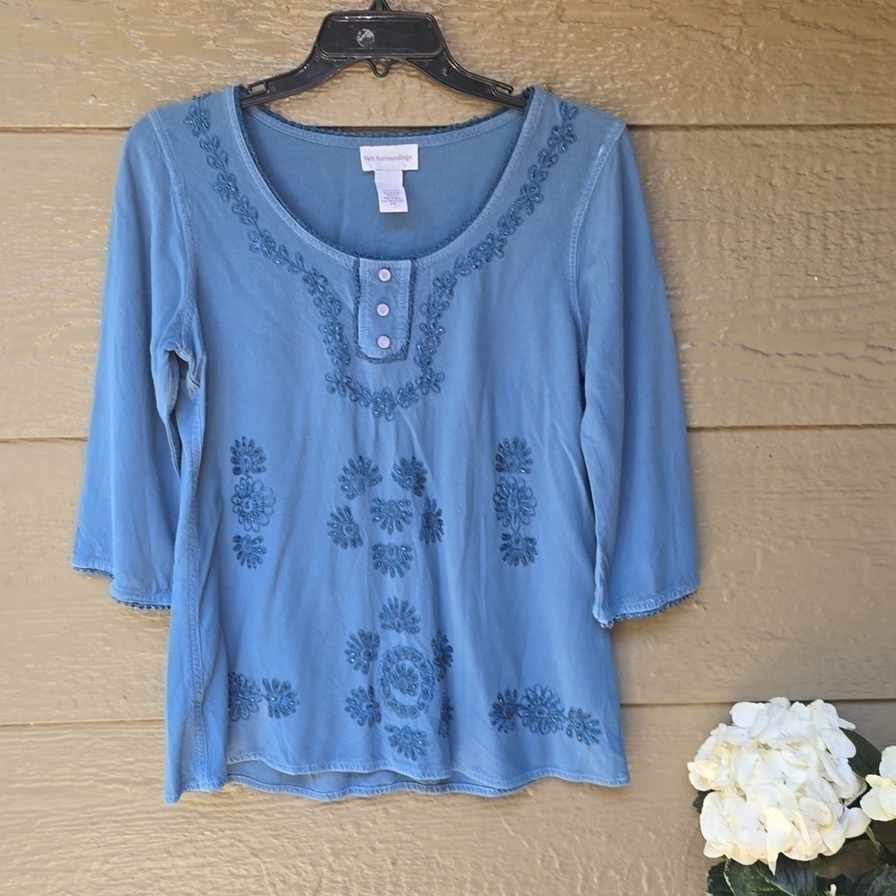 Soft Surroundings Soft Rayon Beaded/Embroidered Top Blue Small Petite